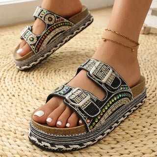 Anoussya Spark Sandals black – wide-foot cork footbed rhinestone slide, front view