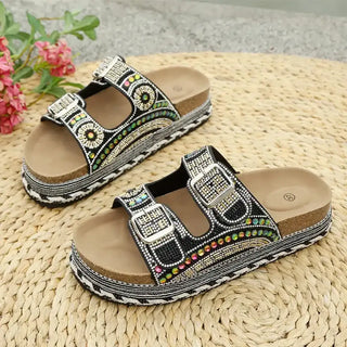Anoussya Spark Sandals black – hand-set rhinestone strap, side view