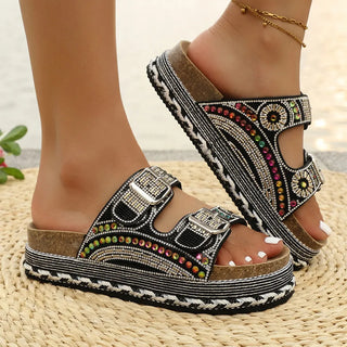Anoussya Spark Sandals black – rhinestone slide worn on wide foot