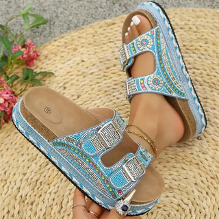 Anoussya Spark Sandals blue – rhinestone slide worn on wide foot