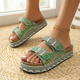 Anoussya Spark Sandals green – wide-foot cork footbed rhinestone slide, front view