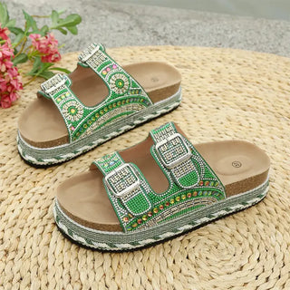 Anoussya Spark Sandals green – hand-set rhinestone strap, side view