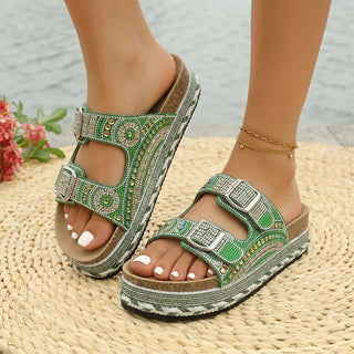 Anoussya Spark Sandals green – cork platform footbed, arch support close-up