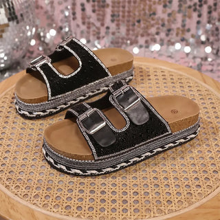 Anoussya Pearl Sandals black – hand-set pearl wide-foot cork slide sandal