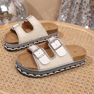 Anoussya Pearl Sandals white – hand-set pearl wide-foot cork slide sandal