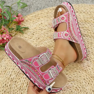Anoussya Spark Sandals pink – rhinestone slide worn on wide foot