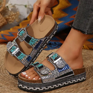 Anoussya Diamond Sandals black turquoise – crystal-embellished wide-foot cork slide
