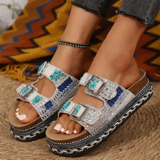 Anoussya Diamond Sandals white turquoise – crystal-embellished wide-foot cork slide