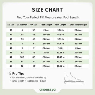 Anoussya Sandals size guide – US to EU shoe sizes, wide-foot fit chart