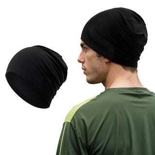 Black skull cap and side profile of the fit