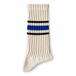 Cream ribbed crew sock, black + blue stripe