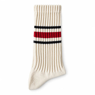 Cream ribbed crew sock, black + red stripe