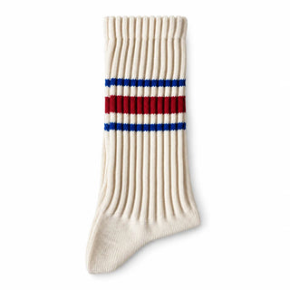 Cream ribbed crew sock, blue + red stripe