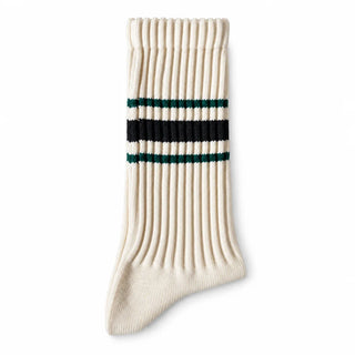 Cream ribbed crew sock, green + black stripe