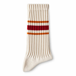 Cream ribbed crew sock, orange + red stripe