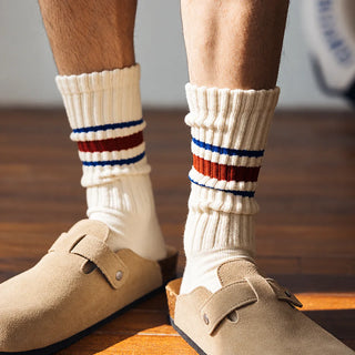 Vintage stripe crew socks worn scrunched with suede clogs