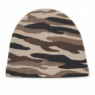 Camo waffle knit skull cap, beige, brown and charcoal, on a white background